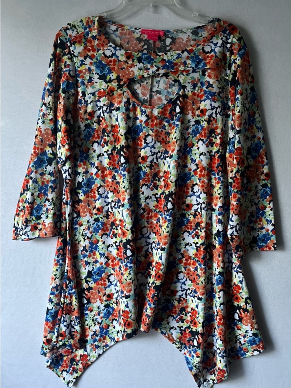 Sunny Leigh Navy, Coral & White Floral Keyhole Top Shark Bite Hem